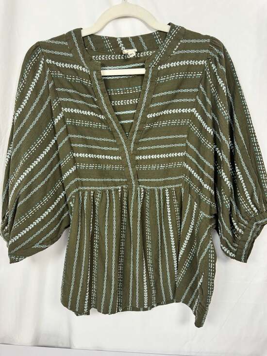 Ivy Jane Tops - Ivy Jane Striped Easy Olive 100% Cotton V-Neck Peplum Top Size M/L